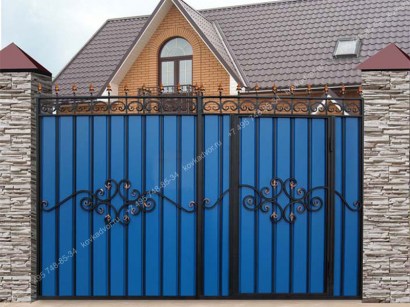 Ворота с профнастилом кованые из квадратной трубы синие эскиз